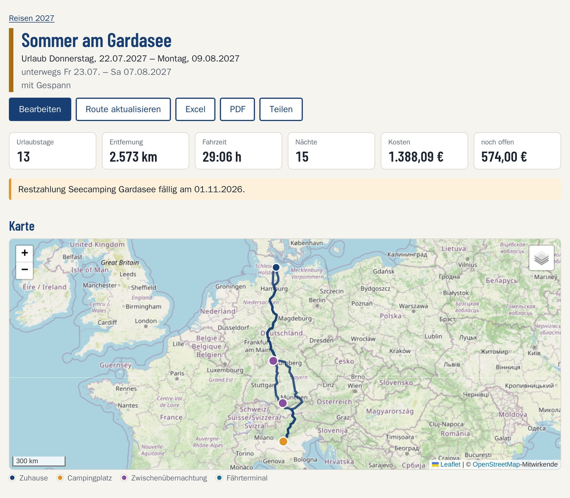 Reiseseite mit Karte und Routenverlauf zum Gardasee