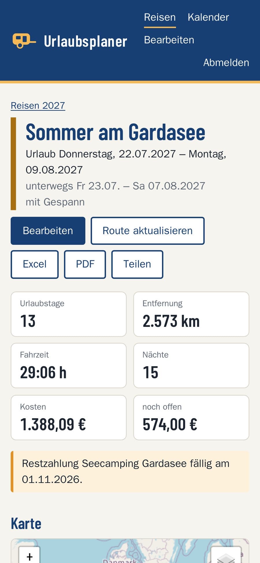 Reiseseite auf dem Handy
