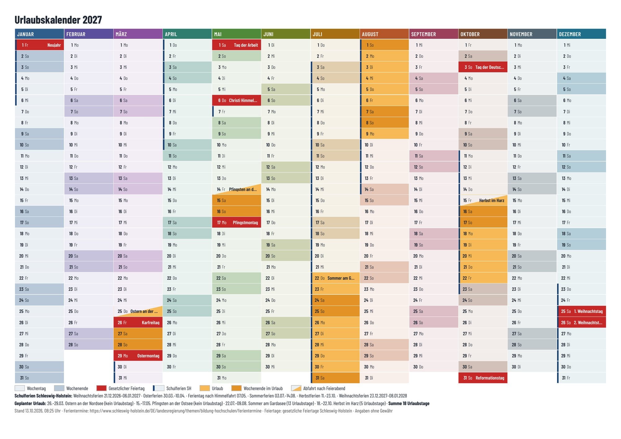 Der Jahreskalender als PDF mit Feiertagen, Schulferien und Urlauben
